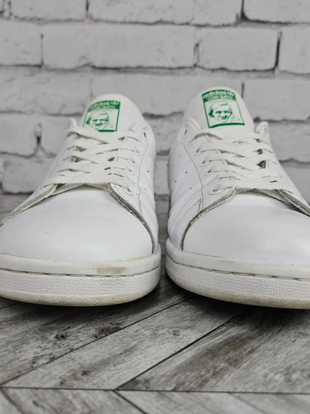 Adidas Mens 12 Stan Smith Classic White Green Leather Sneakers Shoes Preowned